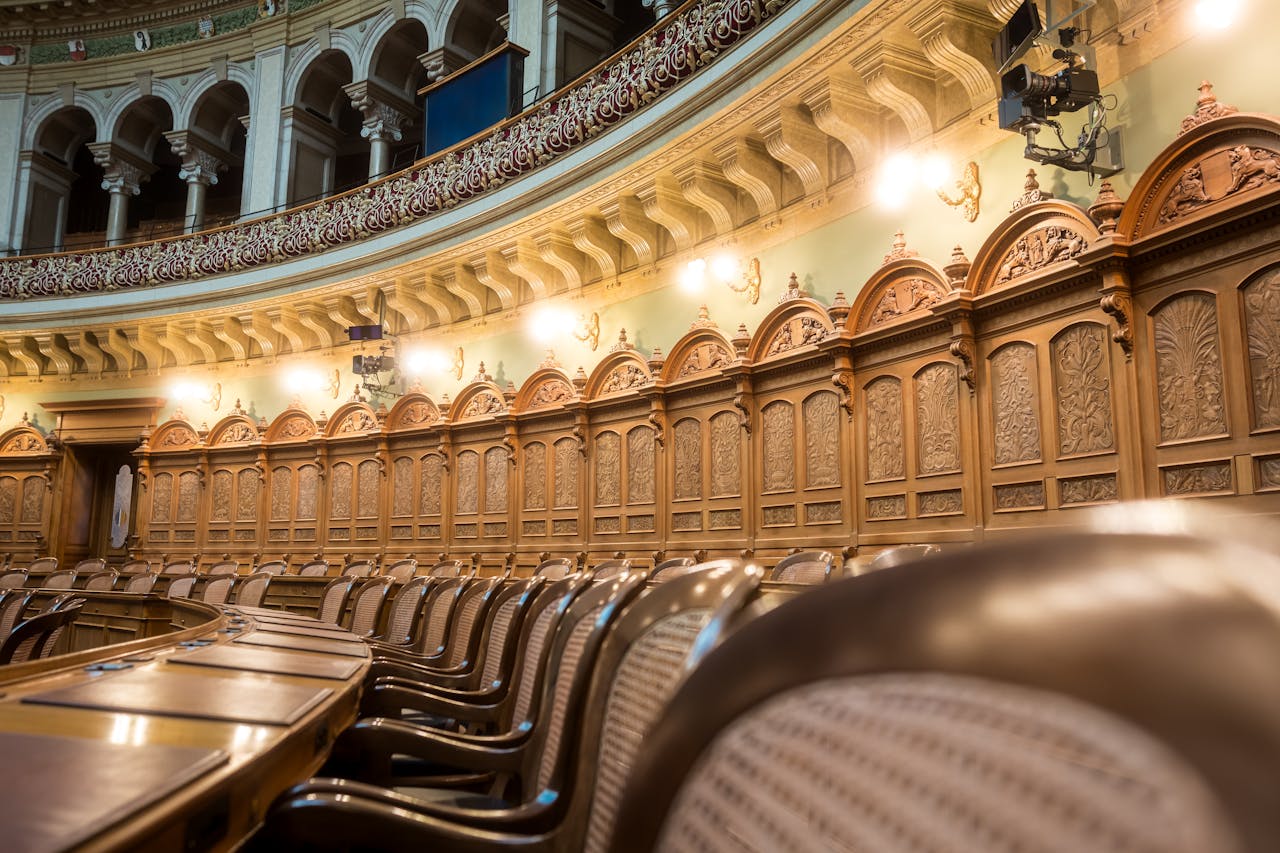 creative-02 Interior view of the elegant Swiss Parliament council chamber in Bern, Switzerland.